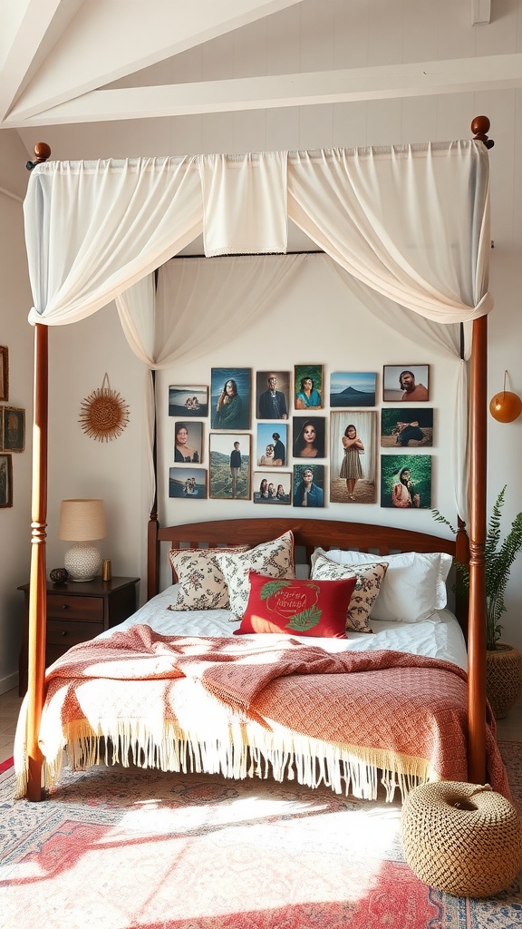 Boho bedroom featuring a canopy bed and a personalized photo gallery on the wall