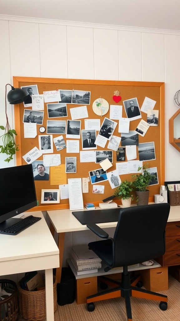 A cozy home office with a personalized pinboard filled with photographs and notes.