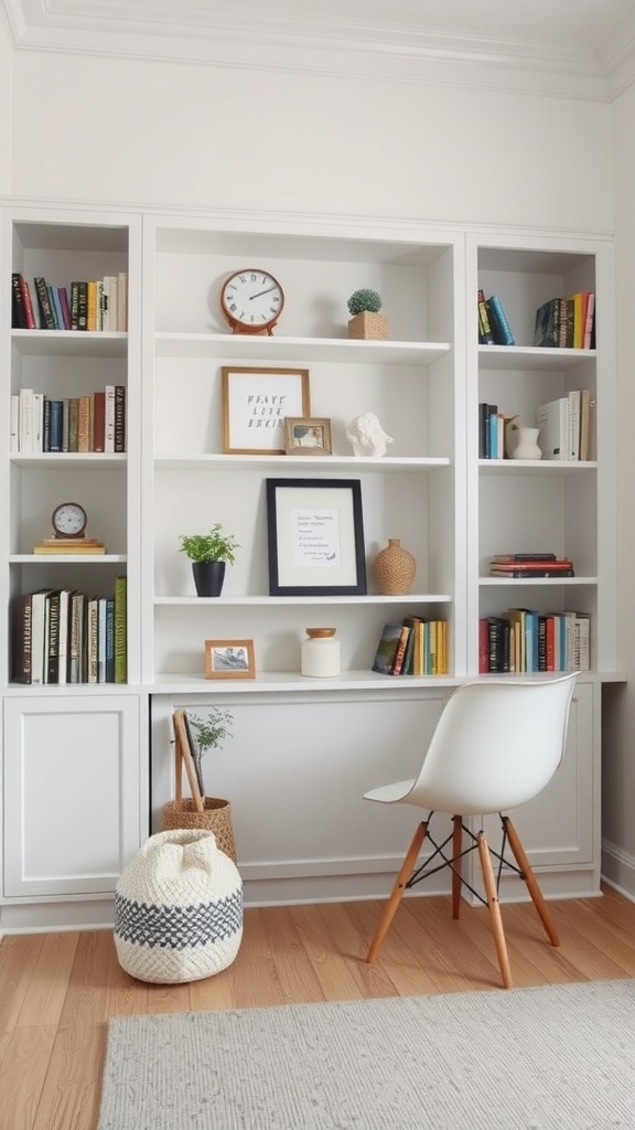 A bright and inviting reading corner featuring custom shelves, a comfortable chair, and decorative items.