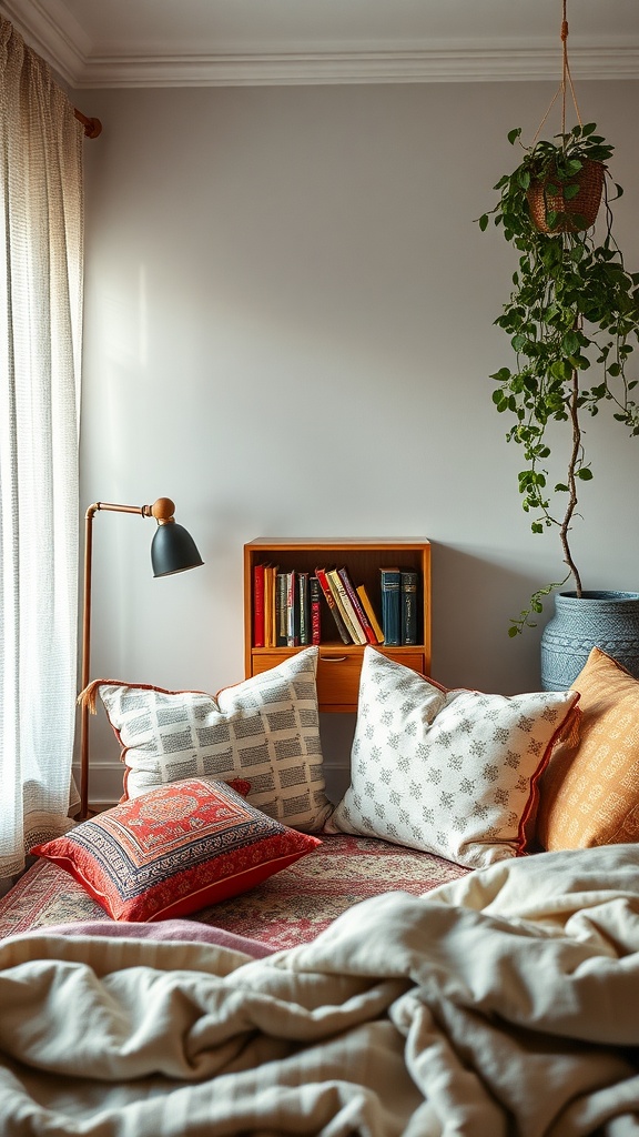 Cozy boho reading nook with pillows, a blanket, a lamp, and a bookshelf in soft light