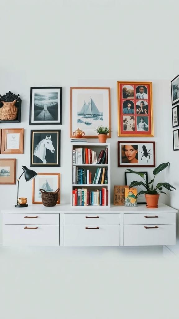 A stylish reading space with a mix of books and framed art on the wall.