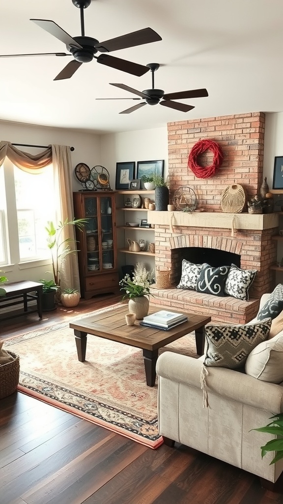 Cozy modern living room with rustic accents including a brick fireplace, wooden coffee table, and decorative pillows.