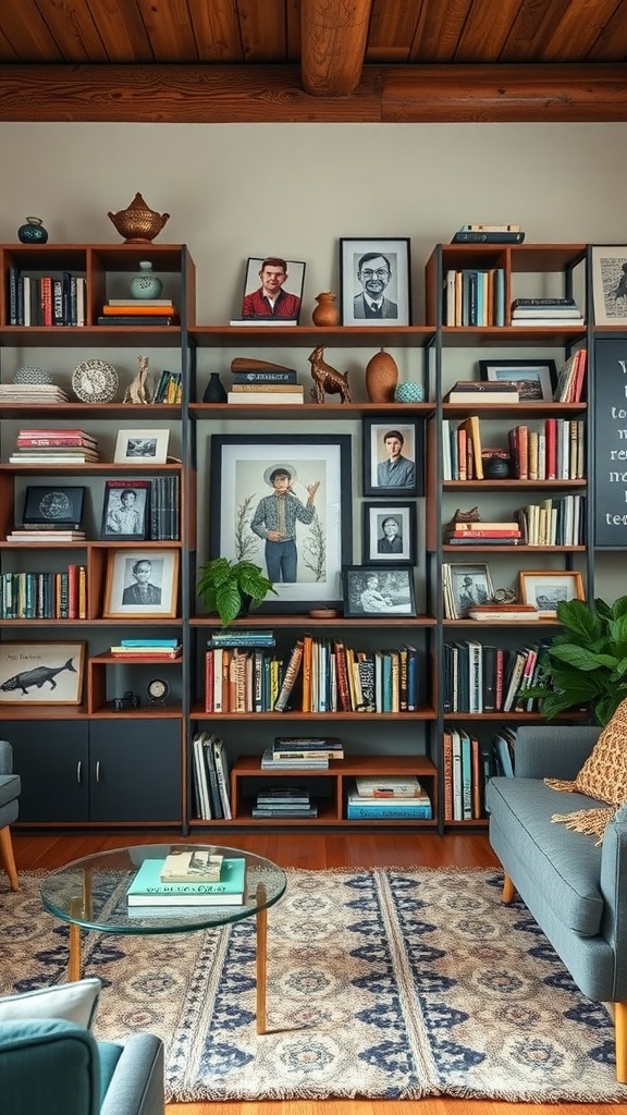 A stylish living room featuring personalized shelving displays filled with books and decorative objects.