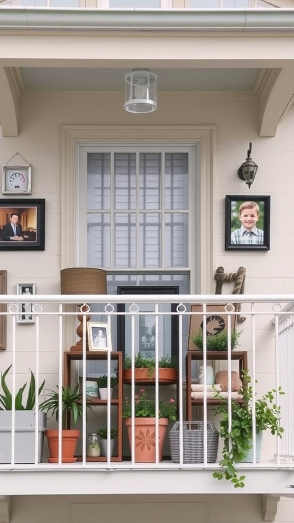 A small balcony decorated with plants, framed photos, and cozy furnishings.