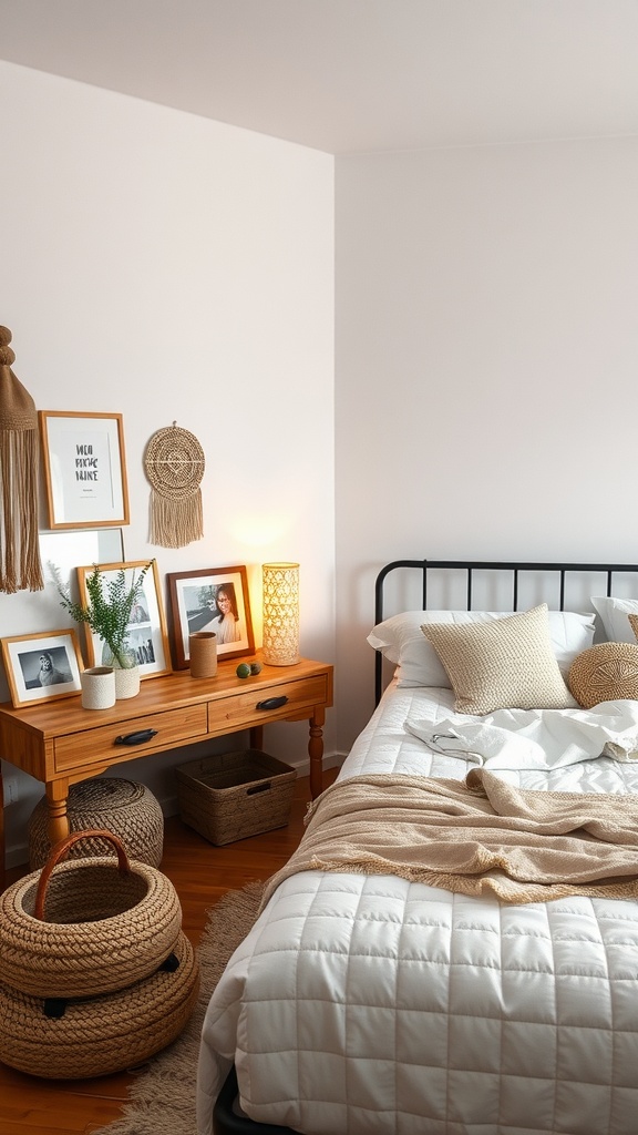 A cozy boho bedroom featuring a wooden dresser with framed photos, a potted plant, a neatly made bed with beige throws, and woven baskets on the floor.