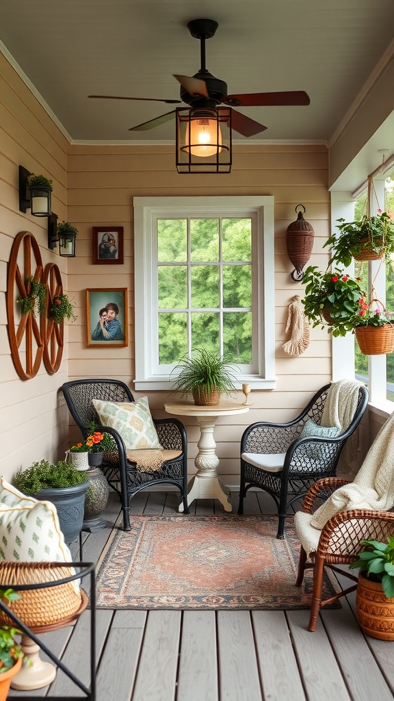 A stylish and cozy boho back porch featuring comfortable chairs, family photos, plants, and warm lighting.