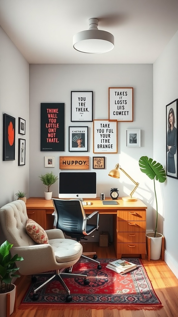 Cozy tiny home office with motivational quotes on walls, modern desk, and plants.