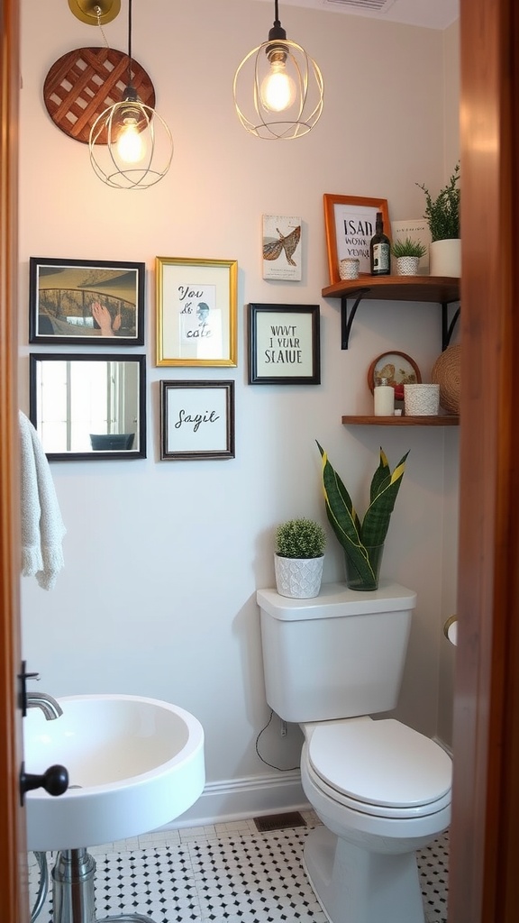 A small bathroom decorated with framed wall art, plants, and stylish lighting.