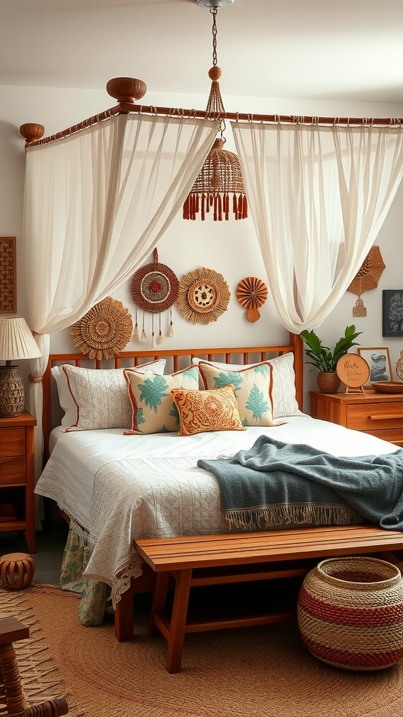 Cozy Boho bedroom with a canopy bed, featuring handmade decor and warm wooden elements.