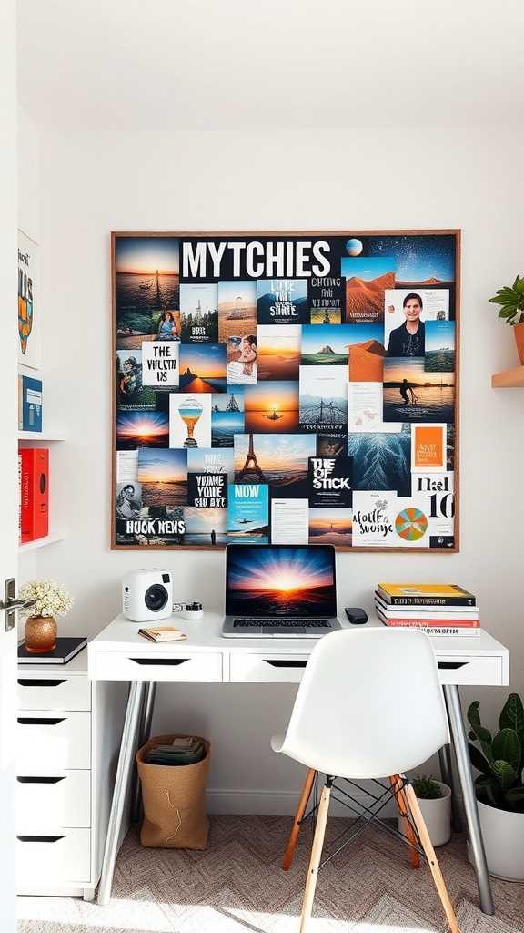 A small feminine home office featuring a vision board, a white desk, and a laptop.