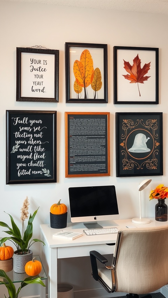 A cozy home office with personalized wall art, featuring framed quotes and autumn leaves, complemented by seasonal decorations.