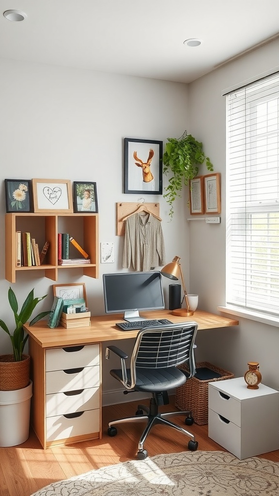 A small home office with a wooden desk, computer, and personalized decor including framed pictures and a plant.