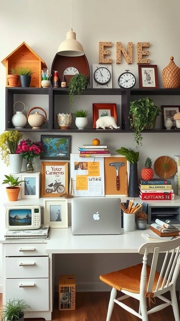 A personalized and organized workspace featuring a desk with a laptop, shelves with plants and decor, and various unique items.