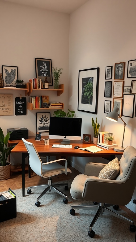 A cozy fall home office with a wooden desk, computer, and decorative wall art.