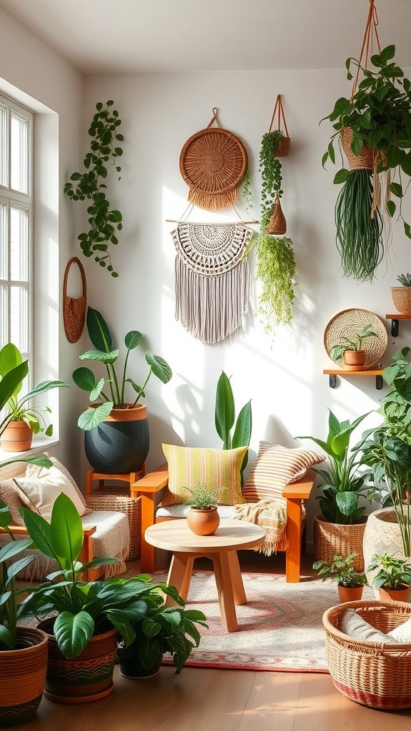 A cozy living space decorated with various houseplants, Bohemian decor, and natural light.