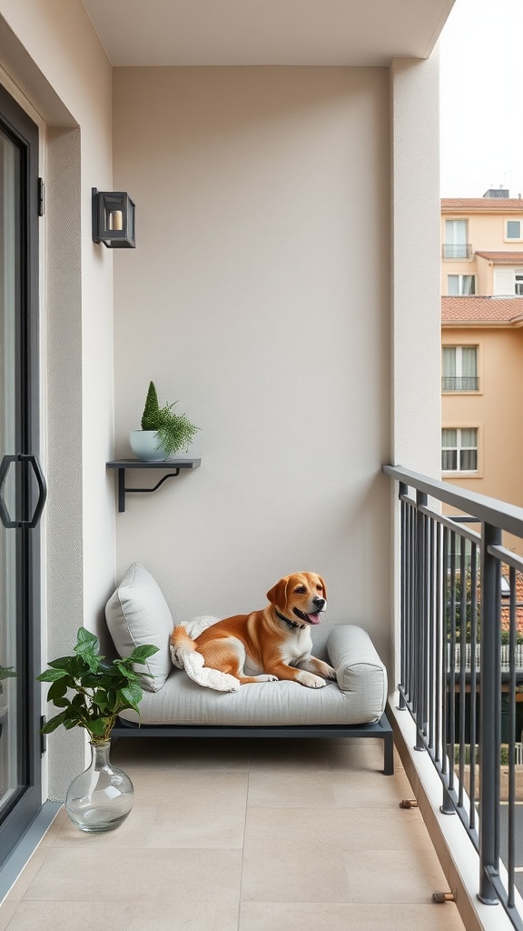 A dog relaxing on a cozy bed on a small balcony with a plant nearby.