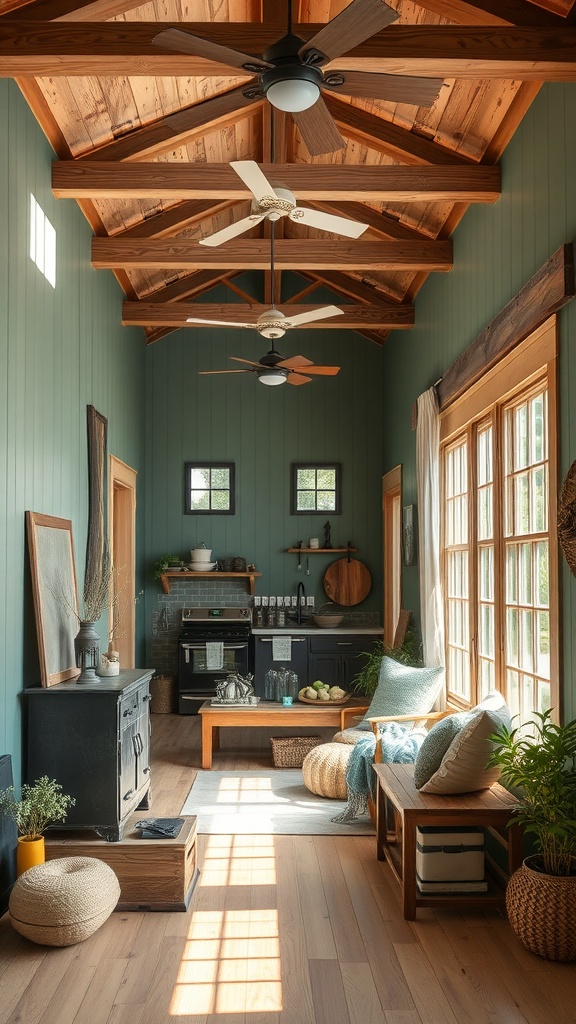 Cozy farmhouse interior with Pewter Green walls and wooden beams.