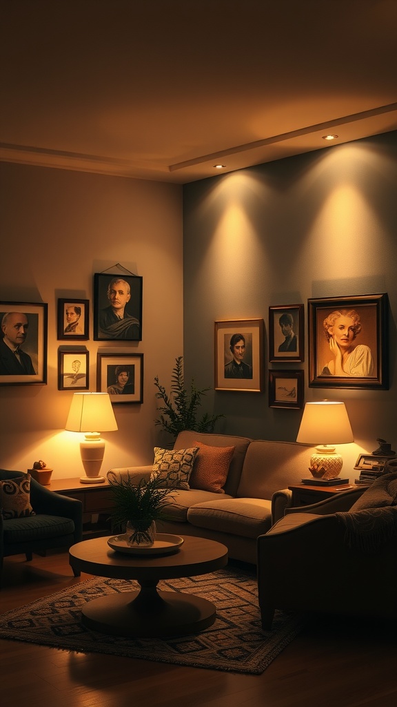 A warmly lit living room featuring picture lights illuminating framed portraits on the wall.