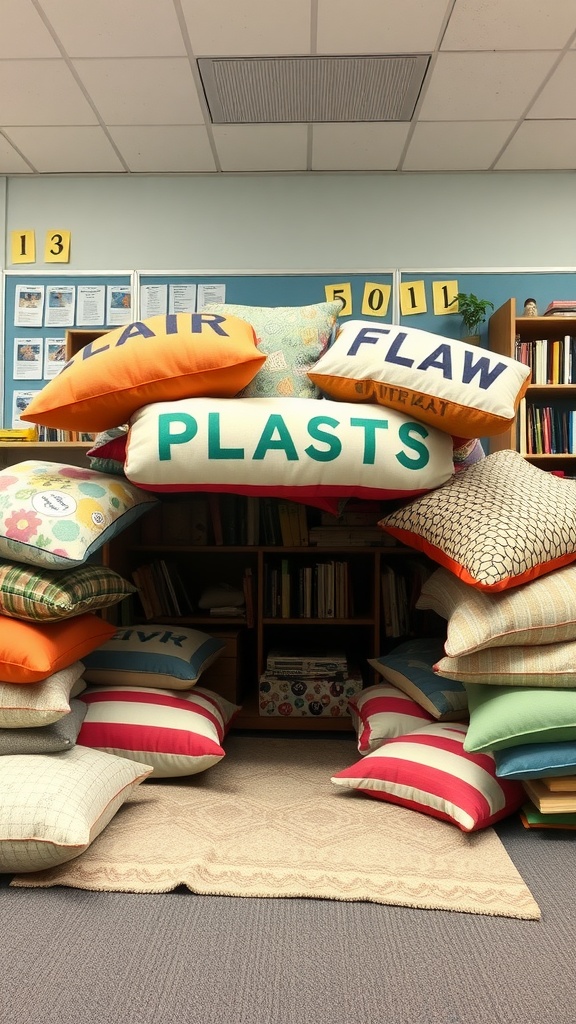 A colorful pillow fort in a classroom, created with various cushions and a soft rug.