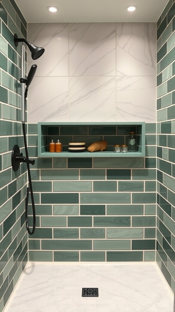 A pine green shower niche with stylish tiles and organized storage.