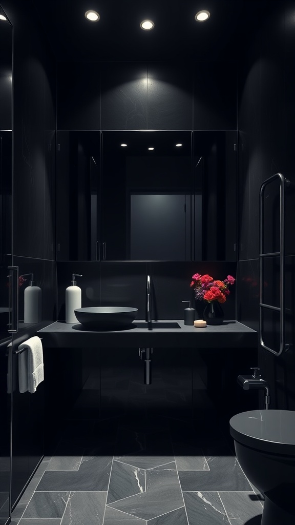 A modern black bathroom featuring sleek fixtures, a black sink, and vibrant flowers on the counter.