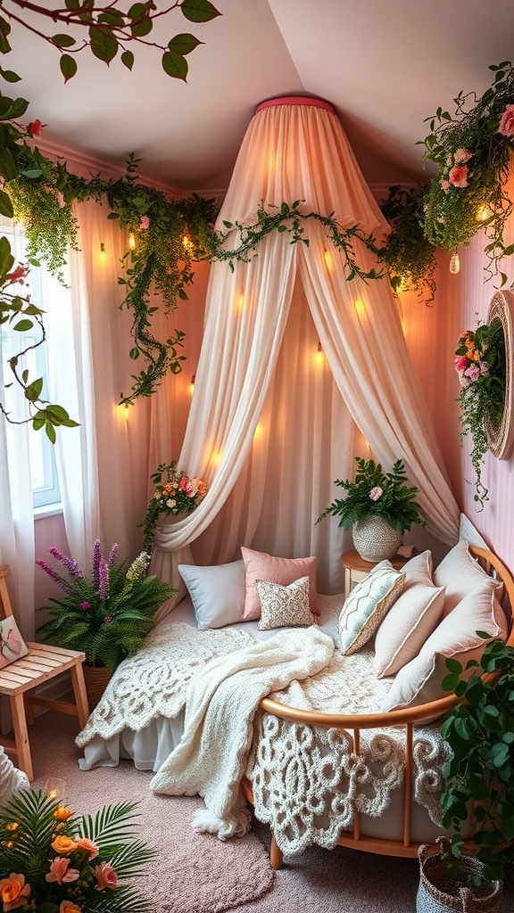 A cozy boho-style bedroom inspired by Pixie Hollow, featuring soft lighting, plants, and a comfortable bed.