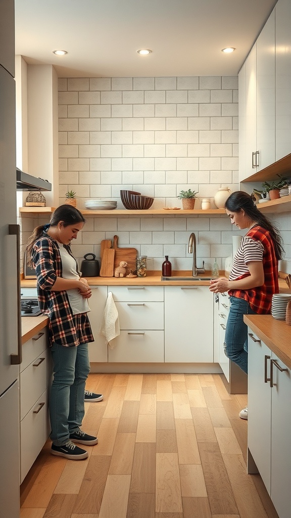 Two individuals in a modern kitchen, one pregnant, interacting in a warm and inviting space.