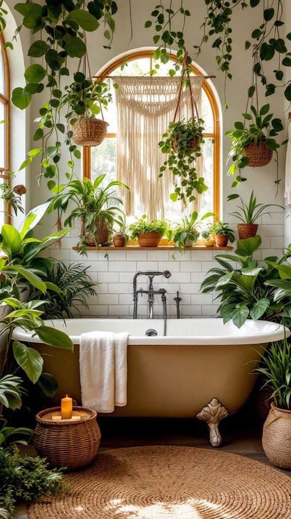 A boho bathroom with hanging plants, a freestanding bathtub, and natural decor elements.