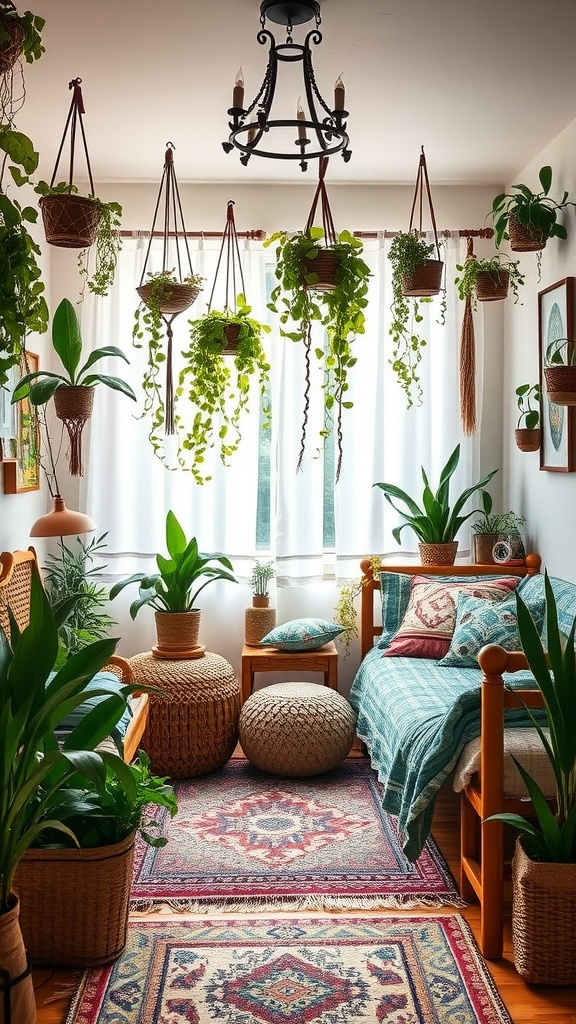 A cozy bedroom filled with hanging plants and greenery, showcasing a Boho style.