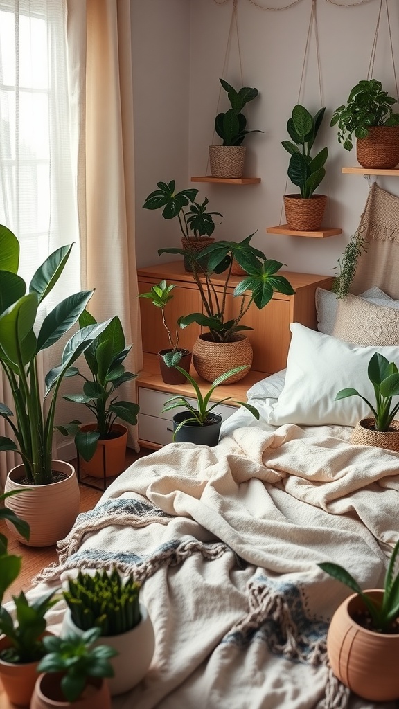 A cozy bedroom filled with various indoor plants, showcasing an earthy and bohemian style