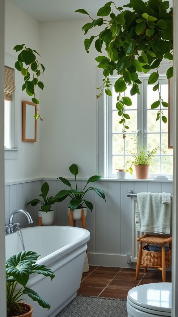 Bright farmhouse bathroom featuring various plants, a freestanding tub, and natural light.