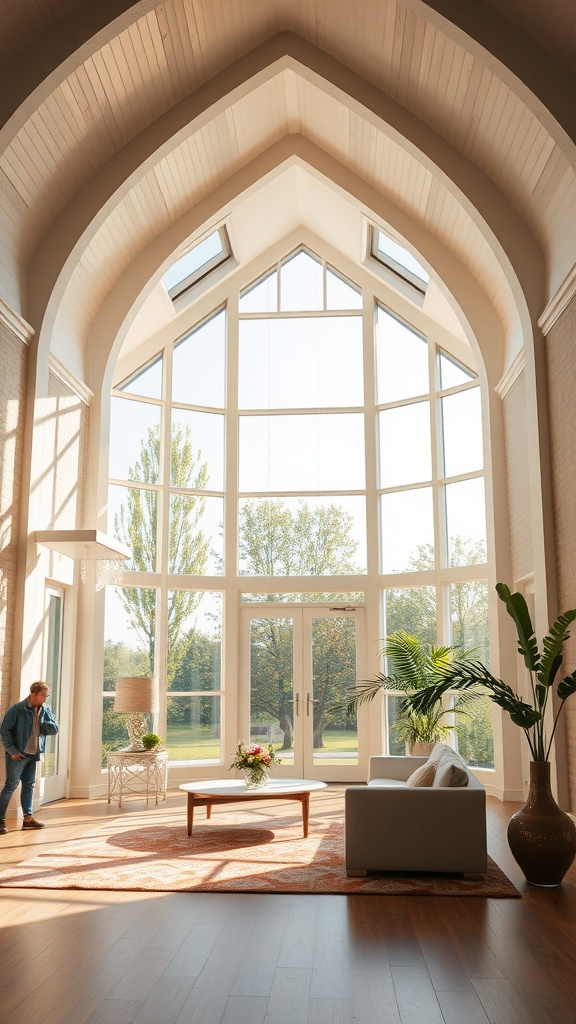 A bright room with vaulted ceilings featuring large windows and modern decor.