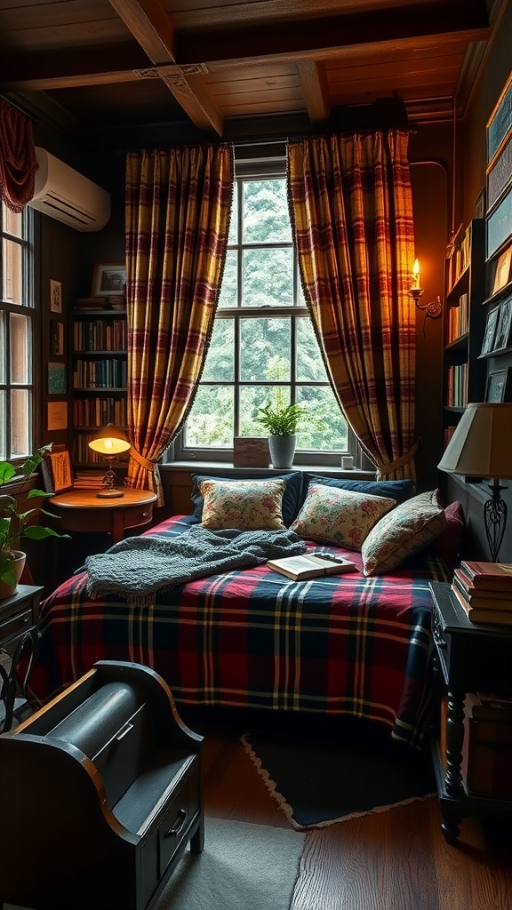 A cozy Dark Academia bedroom featuring plaid curtains and bedding, with warm lighting and vintage decor.