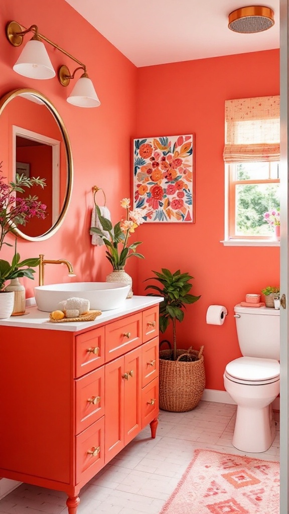 Vibrant coral bathroom with black and white patterned floor and simple decor