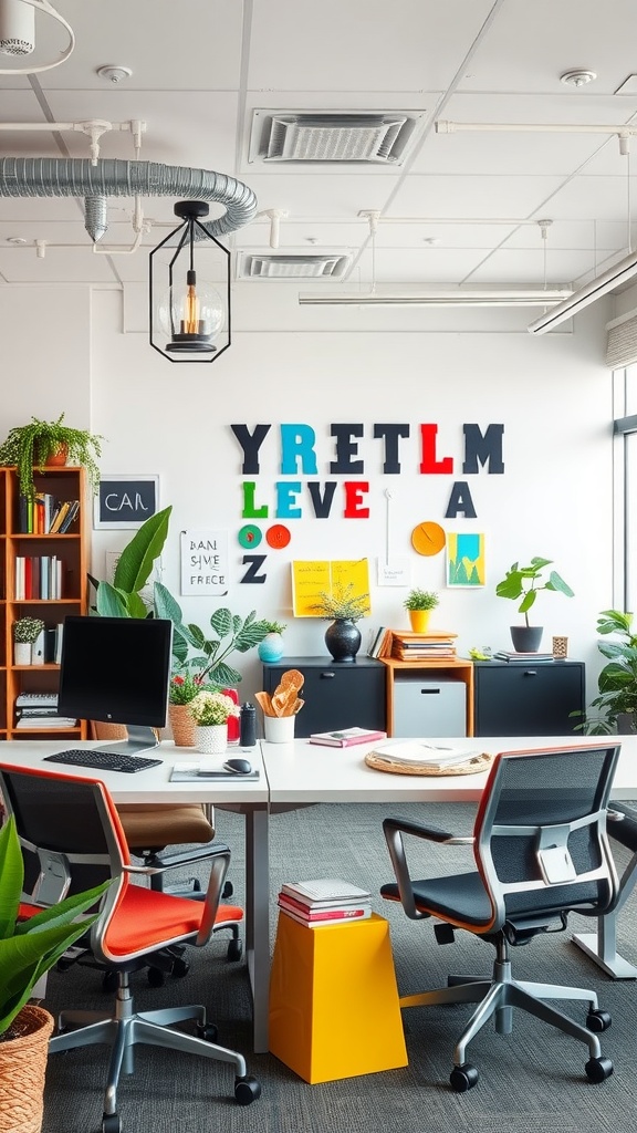 A colorful small office space with playful design elements, including vibrant letters on the wall, modern desks, and plants.