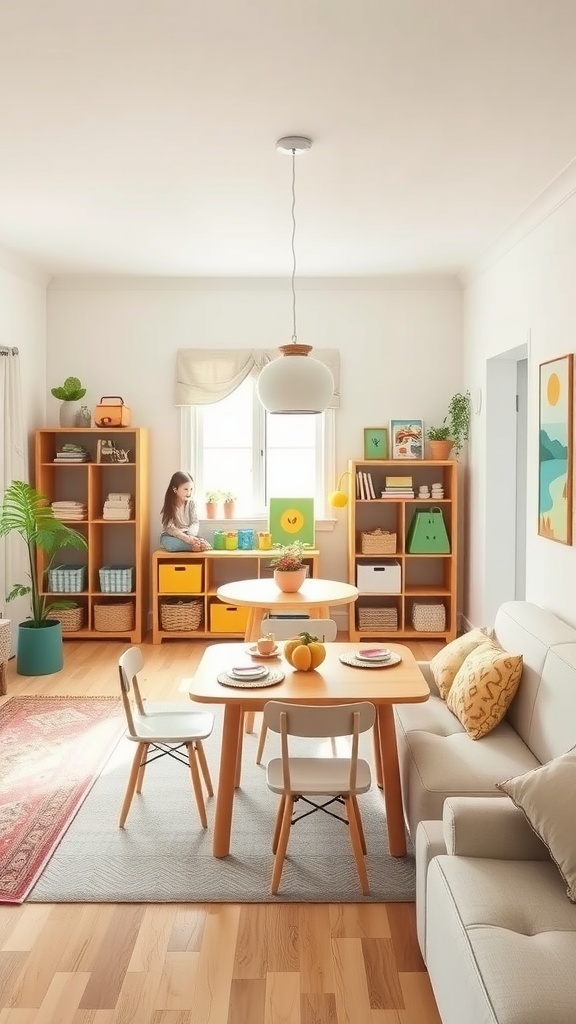 A cozy living room dining room combo with playful decor, featuring a round dining table and child-friendly furniture.