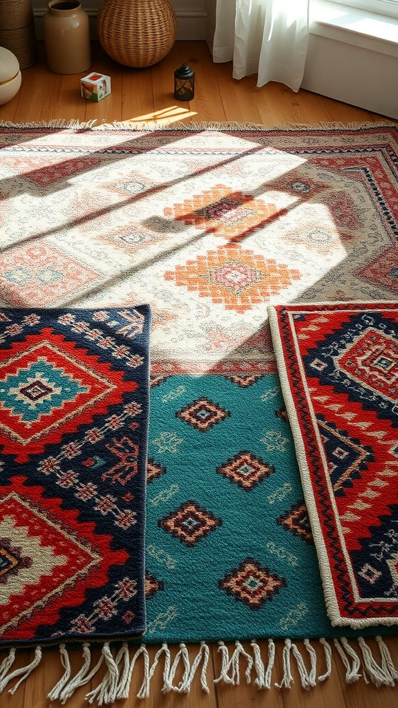 A variety of colorful Boho style rugs with playful patterns on a wooden floor