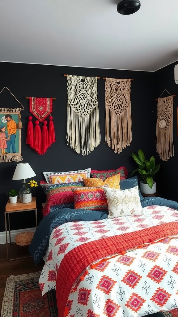 A beautifully decorated bedroom featuring vibrant bedding with geometric patterns, macramé wall hangings, and potted plants.