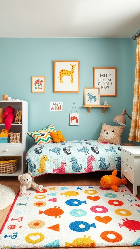 A vibrant toddler bedroom with playful patterns on bedding and a rug, featuring cheerful colors and animal designs.