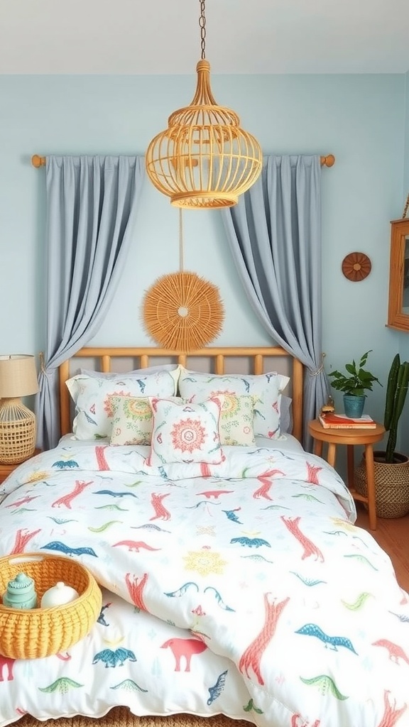 A boho bedroom with light blue walls, featuring a colorful animal-patterned duvet, rattan light fixture, and woven accessories.