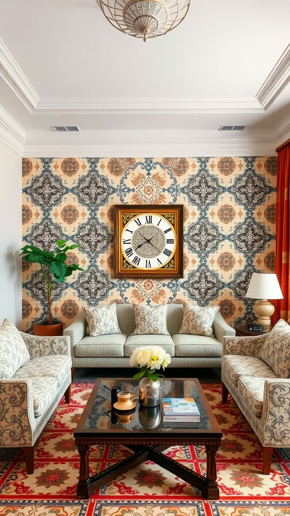 A living room featuring a playful patterned wallpaper, symmetrical furniture arrangement, and a mix of Mediterranean and Gothic design elements.