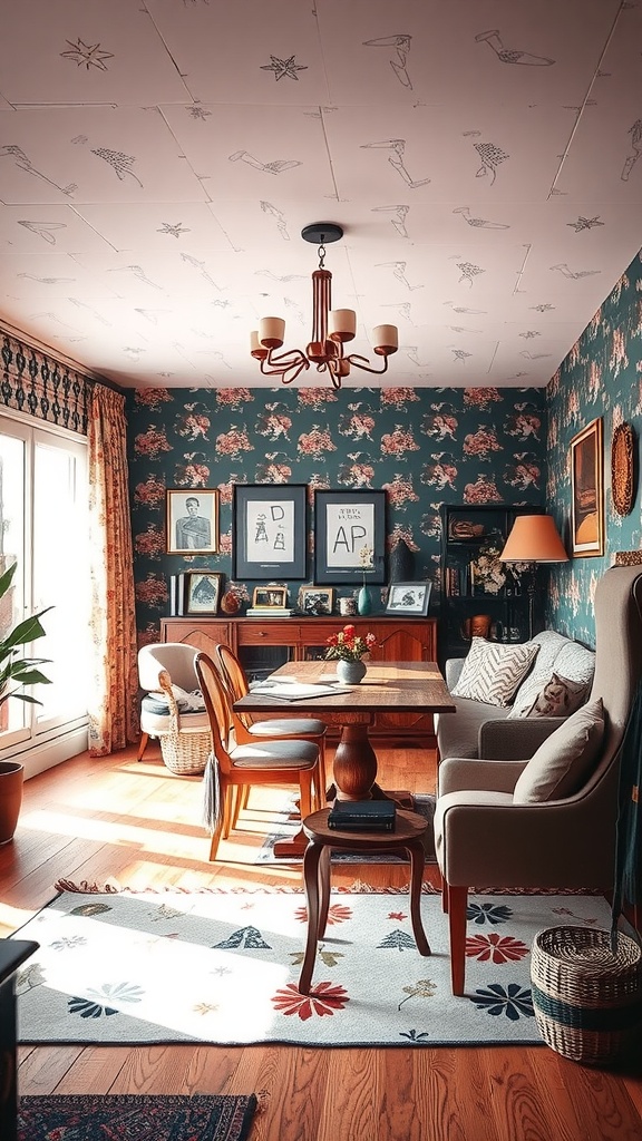A cozy living room and dining room combo featuring floral wallpaper, a patterned area rug, wooden furniture, and a soft color palette.