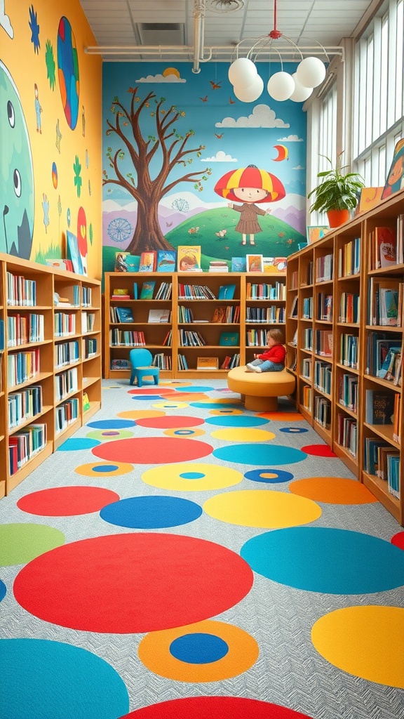 Colorful children's library with playful patterns on the floor and cheerful murals on the walls.