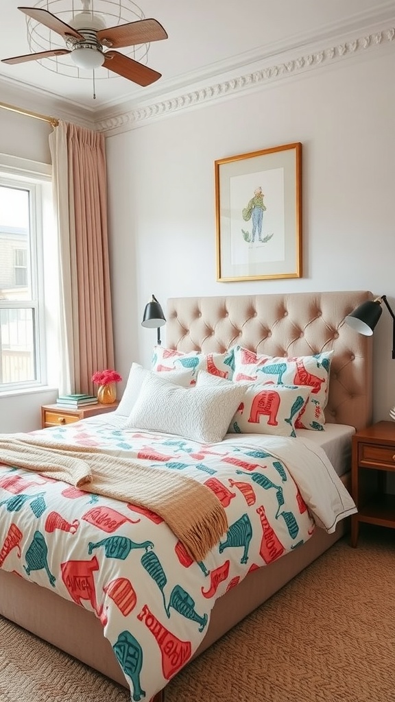 A master bedroom featuring colorful bedding with playful animal patterns.