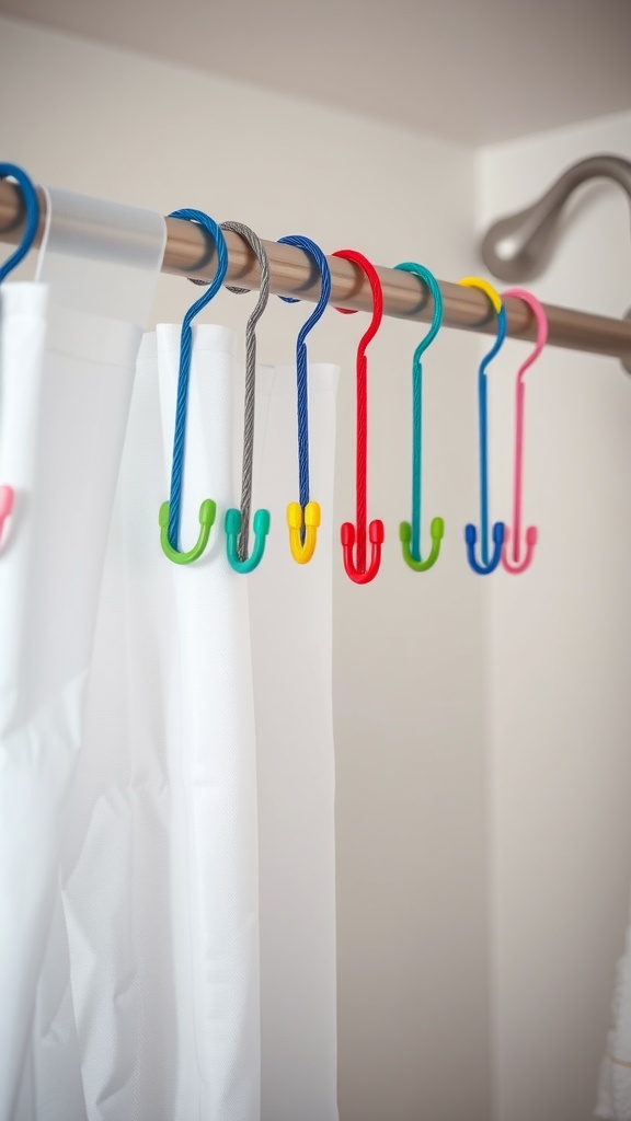 Colorful shower hooks hanging on a rod with white shower curtains.