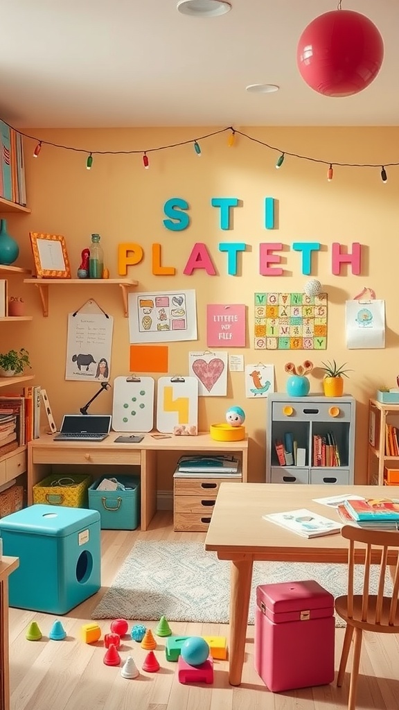 A vibrant and playful workspace filled with colorful decor, educational games, and organized creative items.