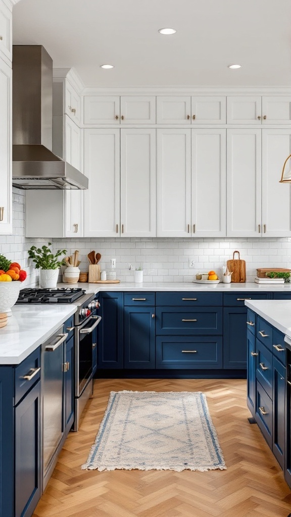 A modern U-shaped kitchen with navy blue lower cabinets and white upper cabinets, featuring open shelving and wooden flooring.