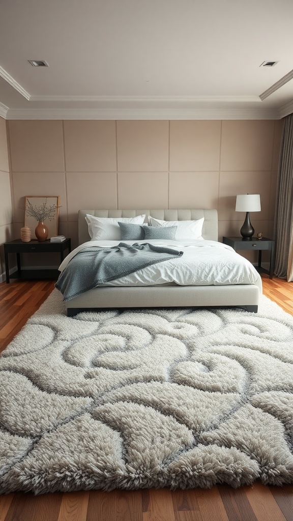 A cozy master bedroom featuring a plush area rug, a neatly made bed, and warm wooden flooring.