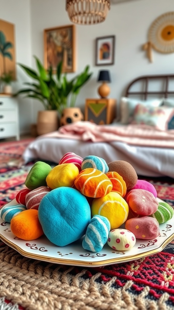 Colorful plush cushions resembling Turkish delights on a rug in a Boho style bedroom