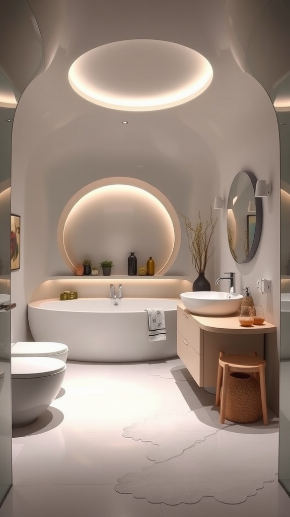 Futuristic pod-style bathroom with smooth curves, soft lighting, and modern fixtures.